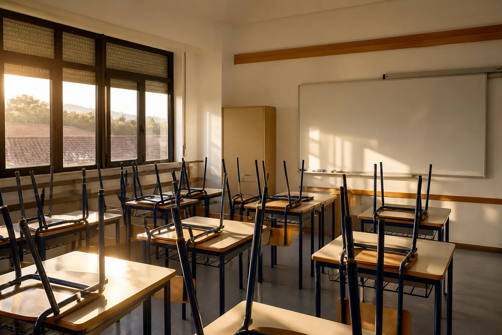 Sala de aula vazia ao fim da tarde, com luz a entrar pela janela.