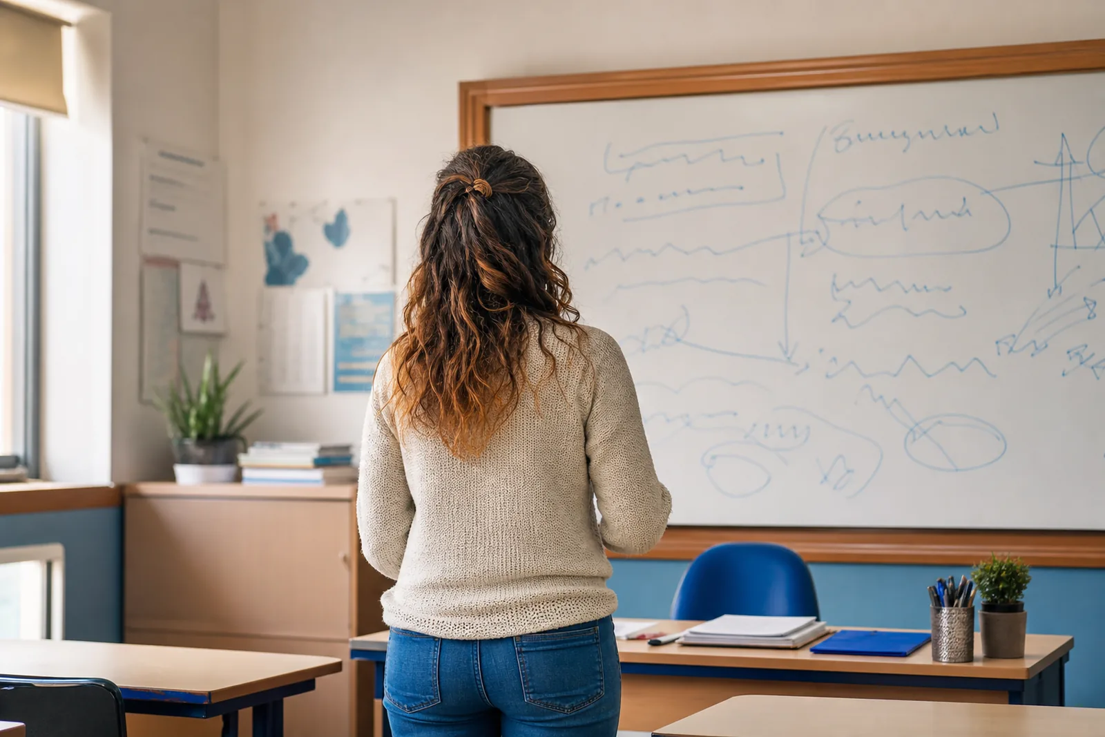 Professora de costas a olhar para um quadro com anotações.
