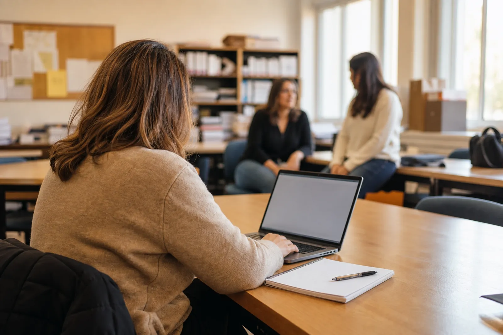 Professora numa sala de professores a consultar o portátil, com um caderno ao lado.