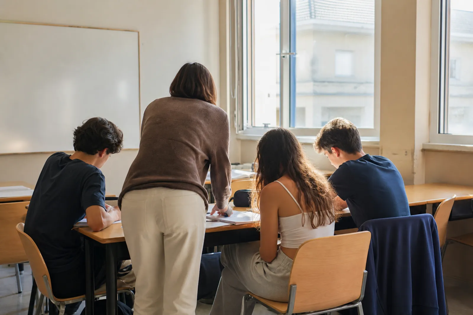 Professora de pé junto a uma mesa, inclinada sobre o trabalho de três alunos.
